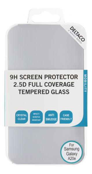 DELTACO läpinäkyvä näytönsuoja Samsung Galaxy A20e:lle, peittää koko näytön, kaarevuus 2.5D