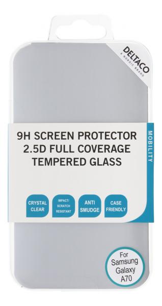 DELTACO läpinäkyvä näytönsuoja Samsung A70:lle, mahdollistaa sormenjälkien lukijan käytön, peittää koko näytön, kaarevuus 2.5D