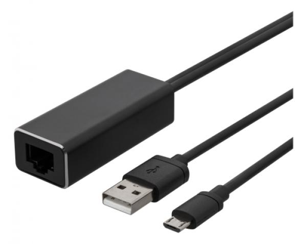 DELTACO Ethernet-sovitin mediatoistimia varten, 1 m, 100 Mbps, USB-A + USB Micro B, musta
