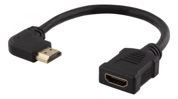 DELTACO HDMI-sovitin, 0,2 m, taipuisa kaapeli, oikealta puolelta lovitettu kulmaliitin, uros - naaras, UHD, musta