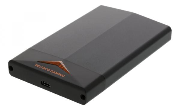 DELTACO GAMING USB-C-kiintolevykotelo, 2,5", USB 3.1 Gen 2, enintään 2 TB, oranssi merkkivalo, musta