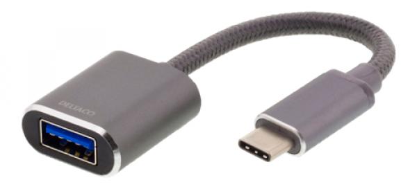 DELTACO sovitin USB-C 3.1 Gen 1 - USB-A OTG, alumiinia, valkoinen muovipussi, tähtiharmaa