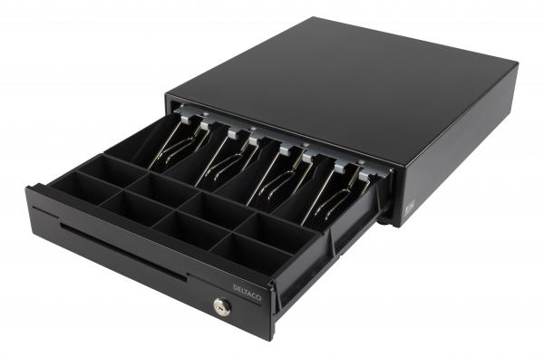 DELTACO Kassalaatikko elektronisella avauksella, 8 kolikkokoteloa ja 4 setelikoteloa, terästä, RJ11, musta
