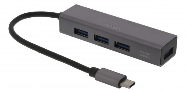 DELTACO USB-C-pienoishubi, 4 USB-A-porttia, USB 3.1 Gen 1, tähtiharmaa