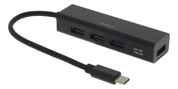DELTACO USB-C-pienoishubi, 4 USB-A-porttia, USB 3.1 Gen 1, musta