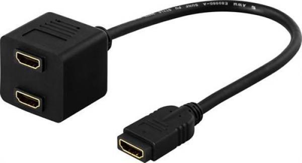 DELTACO HDMI-sovitin, 1xHDMI naaras > 2xHDMI naaras, 19-pin, kullatut liitokset, 0,1m