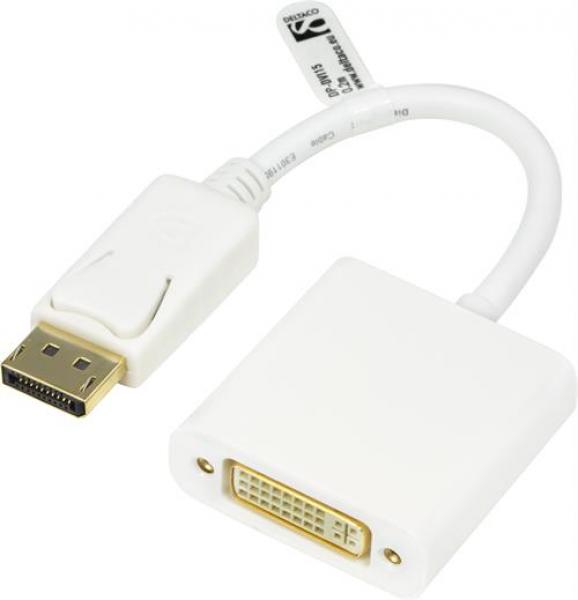DELTACO sovitin DisplayPort - DVI-D Single Link, Full HD taajuudella 60 Hz, 9 Gb/s, 0,2 m, valkoinen, 20-pinninen uros - 24+5-pinninen naaras