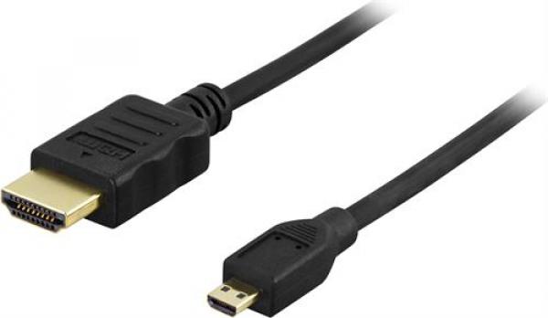 DELTACO HDMI-kaapeli, 2m HDMI High Speed with Ethernet, 19-pin uros - Micro 19-pin uros, [b4K, Ultra HD, Ethernet, musta