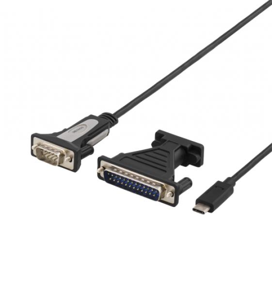 DELTACO USB-C-sarjaporttisovitin, RS-232, 1 x DE9 uros, 1 x USB-C uros, sis. sovittimen rinnakkaisporttia varten, 1,5 m kaapeli, musta
