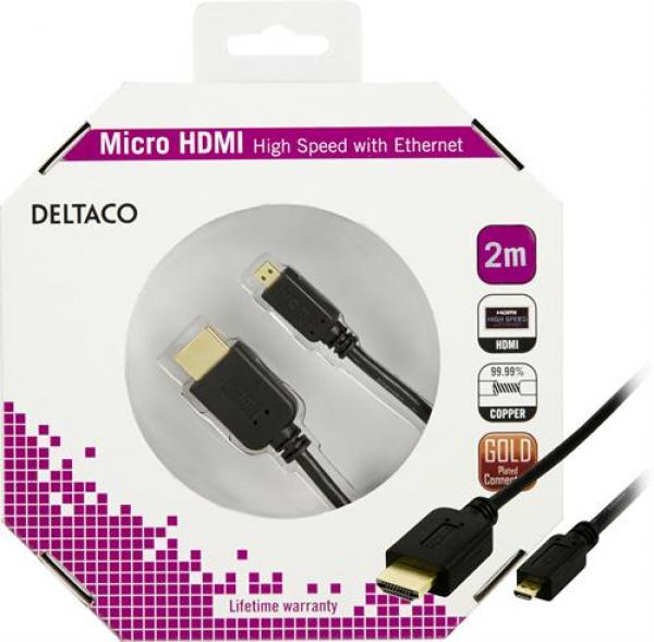 DELTACO flat HDMI-kaapeli, HDMI High Speed with Ethernet, 19-pin uros-uros, 4K, Ultra HD, Ethernet, 3D, paluuääni, litteä, musta, 0,5m