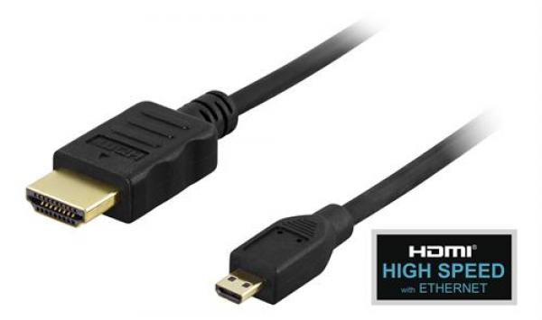 DELTACO HDMI-kaapeli, HDMI High Speed with Ethernet, 4K, Ultra HD taajuudella 60 Hz, HDMI Type A uros - Micro-HDMI uros, kullatut liittimet, 1m, musta