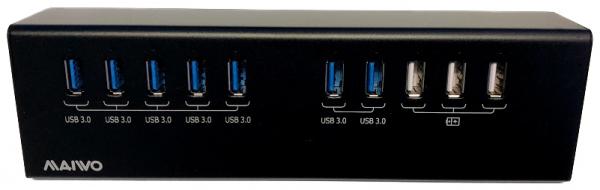Ulkoinen USB 3.0-hubi, 10x USB-A, 7x USB 3.0, 3x USB 5V/2,1A, musta