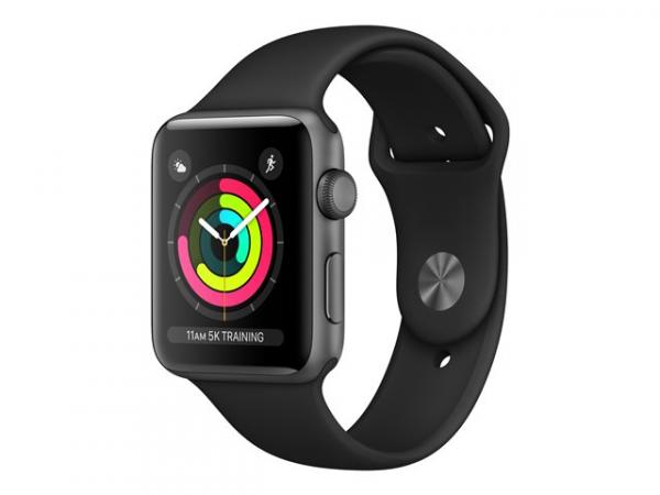 Apple Watch Series 3 (GPS) - 38 mm - space gray aluminum - älykäs kello kanssa urheiluranneke - fluoroelastomeeri - musta - kaistan koko 130-200 mm - 8 GB - Wi-Fi, Bluetooth - 26.7 g