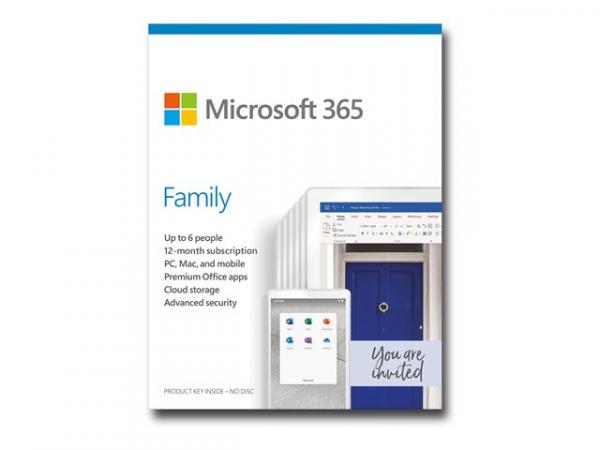 Microsoft 365 Family - Laatikkopaketti (1 vuosi) - maks. 6 henkilöä - ei tarvitse mediatarvikkeita, P6 - Win, Mac, Android, iOS - englanti - Eurozone