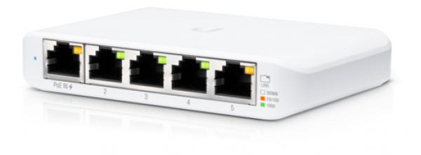 Ubiquiti UniFi USW Flex Mini, Compact 5-Port managed Gigabit Ethernet switch, white. PoE In or USB-C powered.