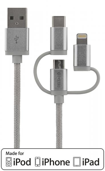 DELTACO USB-synkronointi- ja latauskaapeli, yleismalli, kangaspäällysteinen, USB-2.0, 2,4 A / 12 W, MFi, USB-A uros - Lightning uros - micro-B uros - USB-C uros, 1m, hopea