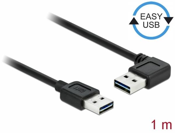 DeLOCK USB-kaapeli, uros-uros, käännettävät Easy-USB liittimet, 1x kulmaliitin, 1m, musta