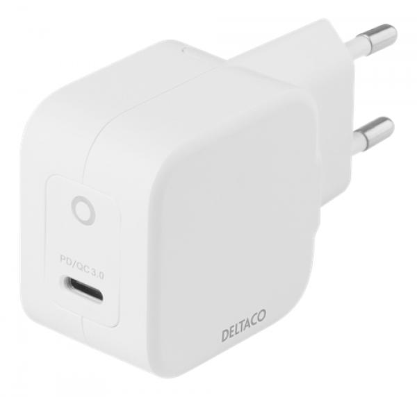 DELTACO USB-C-seinälaturi, 30 W, tukee PD- ja GaN-tekniikoita, valkoinen