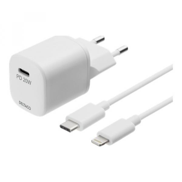 DELTACO USB wall charger kit, USB-C, PD 20 W, 1 m C to Lightning