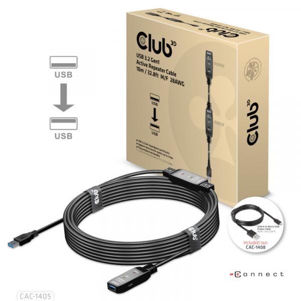 CLUB 3D 10m USB 3 aktiivinen jatkokaapeli. USB TYPE A GEN 1 ACTIVE REPEATER CABLE 10METER / 32.8FT SUPPORTS UP TO 5Gbps