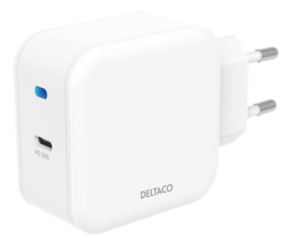 DELTACO USB wall charger, 1x USB-C PD, 30 W, white