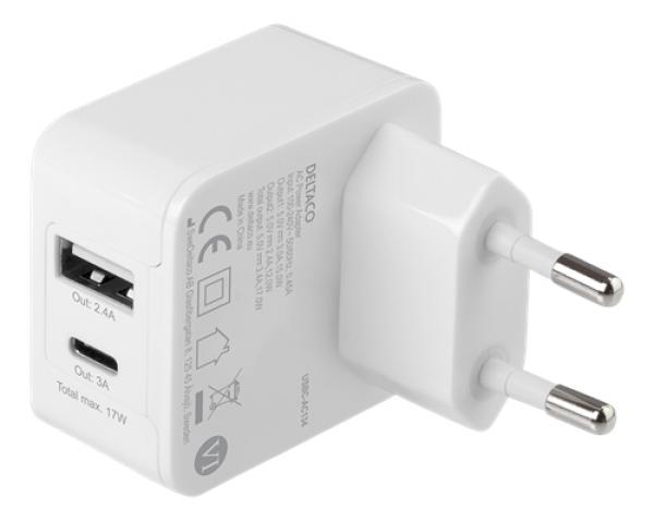 DELTACO USB wall charger, 1x USB-A, 2,4 A, 1x USB-C, 15 W, total 17 W