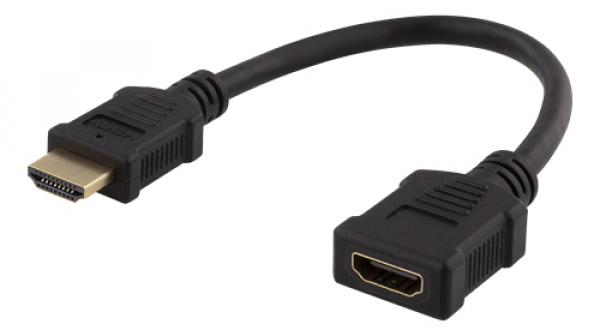 DELTACO HDMI-sovitin, 0,2m, taipuisa, uros - naaras, UHD, musta