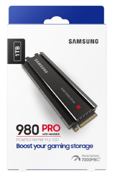 Samsung 980 PRO NVMe SSD 1TB M.2 PCIe 4.0 3D-NAND TLC jäähdytyssiilillä varustettu.