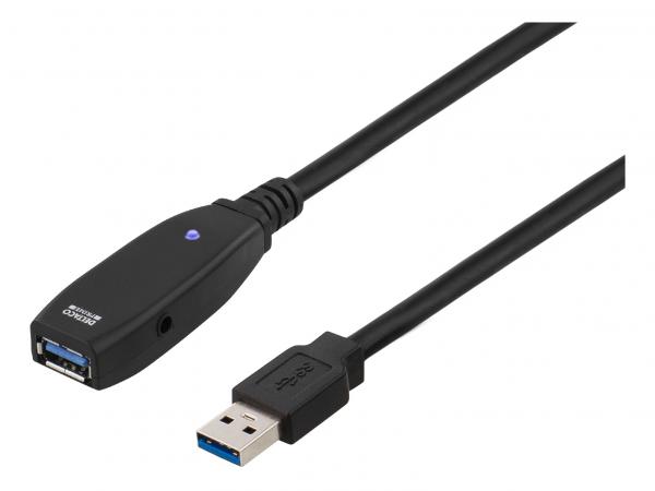 DELTACO aktiivinen USB 3.0-jatkokaapeli, Tyyppi A uros - naaras, 2m, musta