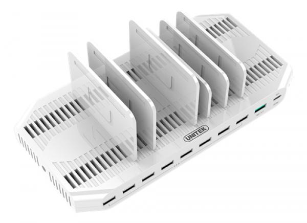 USB-AC167 USB-latausasema, 160W, 9x USB-A, 1x USB-C, QC 3.0, valkoinen