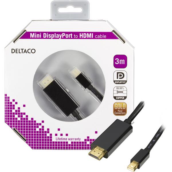 DELTACO mini DisplayPort - HDMI-monitorikaapeli, ur-ur, 3m, musta