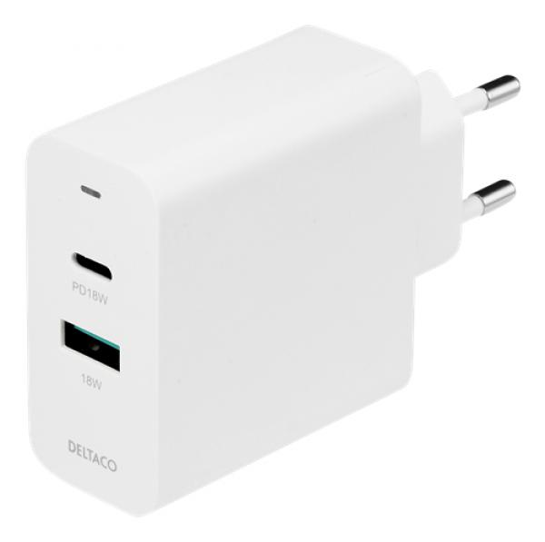 DELTACO USB-seinälaturi, 1x USB-C PD 18W, 1x USB-A 18W, 36W, valkoinen