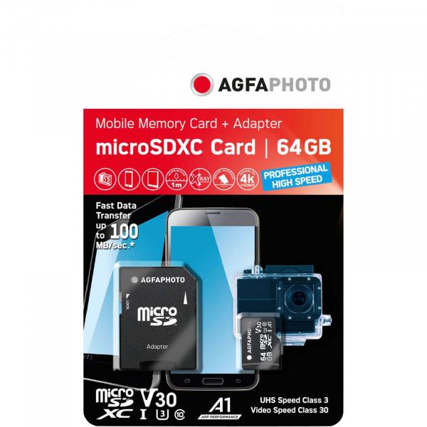 AgfaPhoto MicroSDXC UHS-I  64GB High Speed C 10 U3 V30 + Adapter