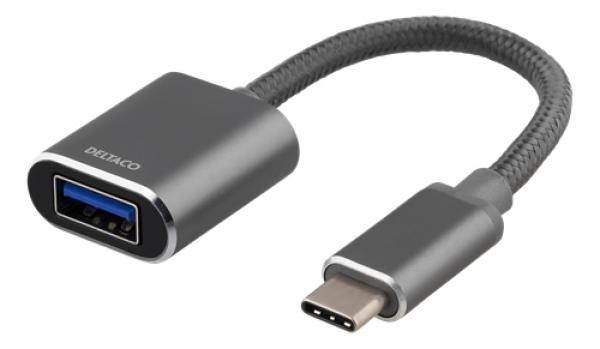 DELTACO sovitin USB-C  3.1 - USB-A OTG, alumiinia, myyntipakk., harmaa