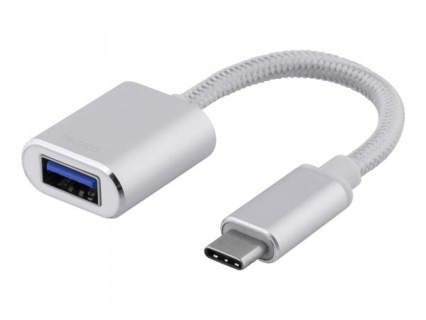 DELTACO sovitin USB-C 3.1 Gen 1 - USB-A OTG, alum., muovipussi, hopea