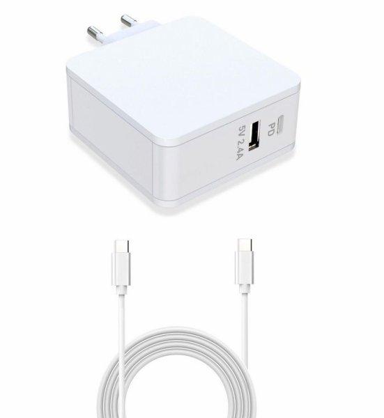 CoreParts USB-C Power Adapter White 90W 20V4.5A (USB-C output) USB PD 5V 2.4A (USB output) with 1meter USB-C to USB-C Cable for New Macbooks and all laptops with USB-C port