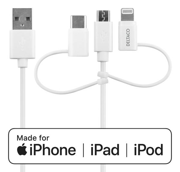 DELTACO USB-A to 3in1, Micro USB, USB-C, Lightning, 1m, white