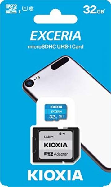Kioxia Exceria MicroSDHC 32GB, UHS-I U1 / Class10, sisältää SD adapterin.