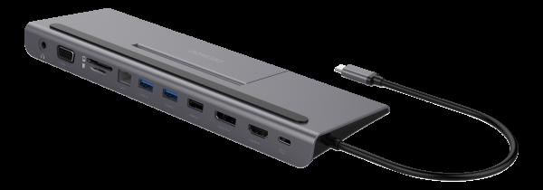 DELTACO USB-C docking station VGA/DP/HDMI/SD/RJ45/3.5, PD 3.0, sp.grey
