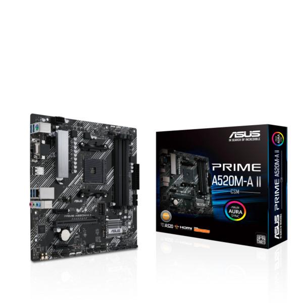 ASUS PRIME A520M-A II/CSM AMD A520 Socket AM4 mATX motherboard features M.2 DP HDMI D-Sub SATA 6 Gbps USB 3.2 Gen 1 ports