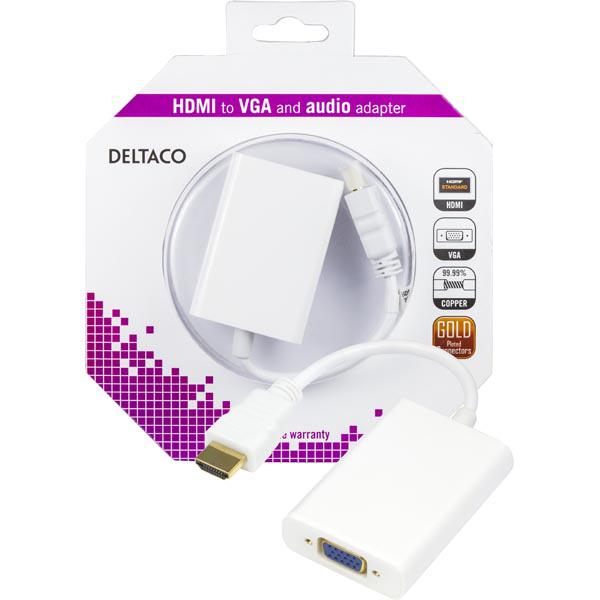 DELTACO HDMI - VGA-sovitin, 19-pin ha - 15-pin+3,5mm, 0,2m, valk