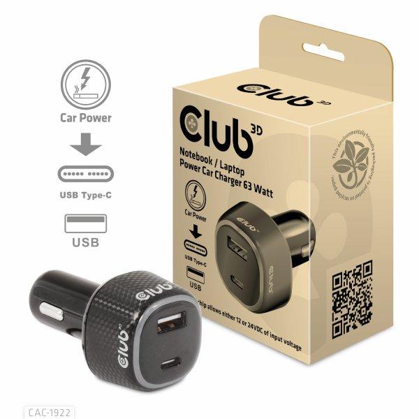 Club3D USB KFZ-autolaturi 1xUSB C, 1xUSB A, 63W,  12/24V retail