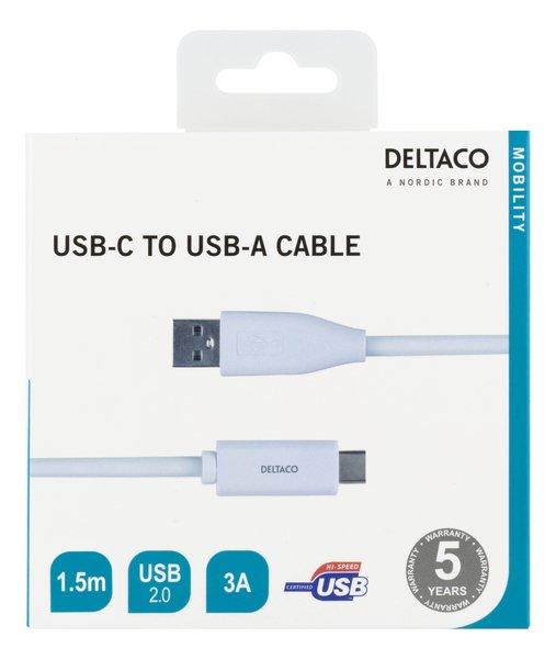 DELTACO USB-C - USB-A-kaapeli, 1,5m, 3A, USB 2.0, valkoinen
