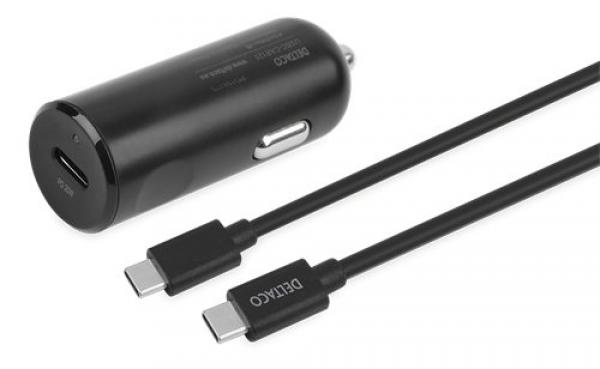 DELTACO USB car charger, 1x USB-C PD 20 W, 1 m USB-C cable, black