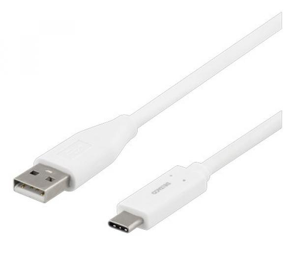 DELTACO USB-C - USB-A-kaapeli, 1m, 3A, USB 2.0, valkoinen