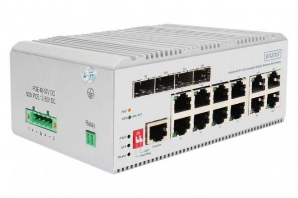 DIGITUS 8 portin Gigabit Ethernet verkon PoE-kytkin, teollisuus, L2 hallittu, 4 SFP uplink