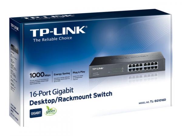 TP-LINK verkkokytkin, 16-porttia, Gigabit, 10/100/1000Mbps, RJ45, metalli, 19" räkkiasennuskulmat mukana.