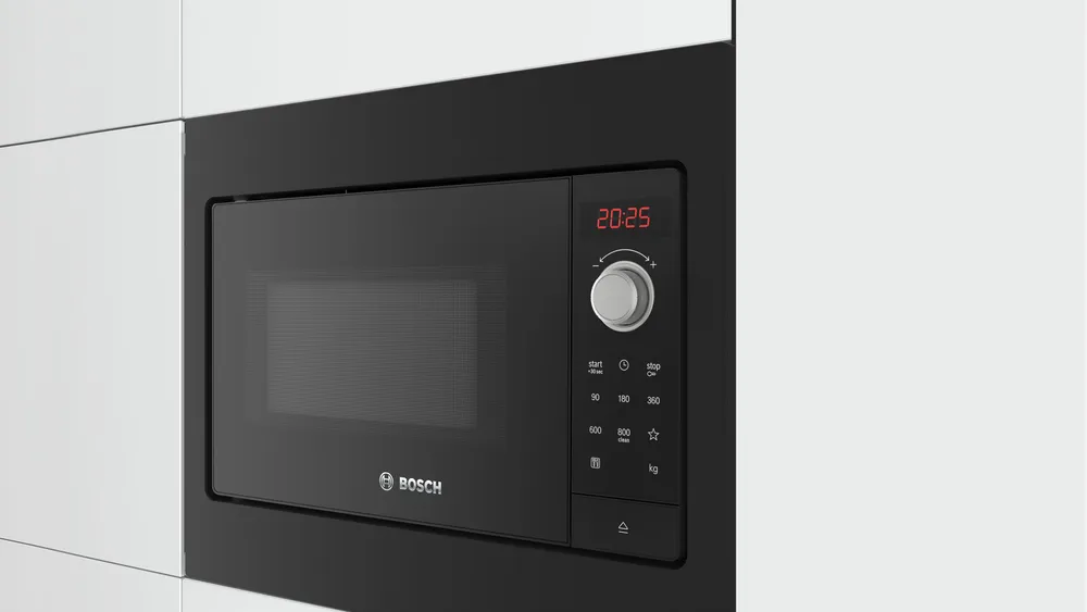 Bosch BFL 523 MB3 Built-In Microwave, Kalusteisiin sijoitettava, 38 cm korkea mikroaaltouuni, joka sulattaa, lämmittää ja valmistaa ruoan erittäin nopeasti.