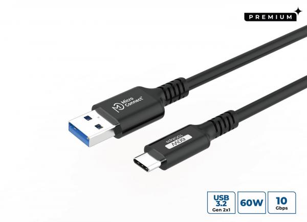 MicroConnect USB-C to USB-A cable 1m, 60W, 10Gbps, USB 3.2 Gen 2