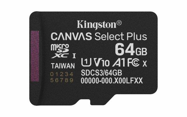 Kingston Canvas Select Plus - Flash-muistikortti - 64 Gt - A1 / Video Class V10 / UHS-I U1 / Class10 - microSDXC UHS-I